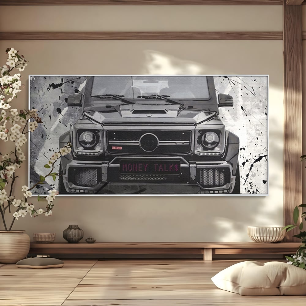 Tablou canvas cu tablou canvas cu masina mercedes neagra, in rama de aluminiu argintiu